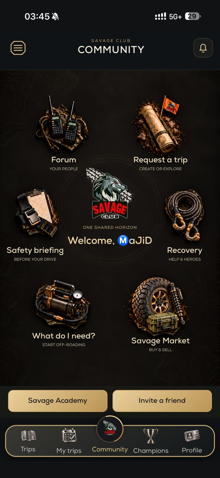 Real Savage Club Community home screen with Forum, Request a trip, Safety briefing, Recovery, Market and Academy