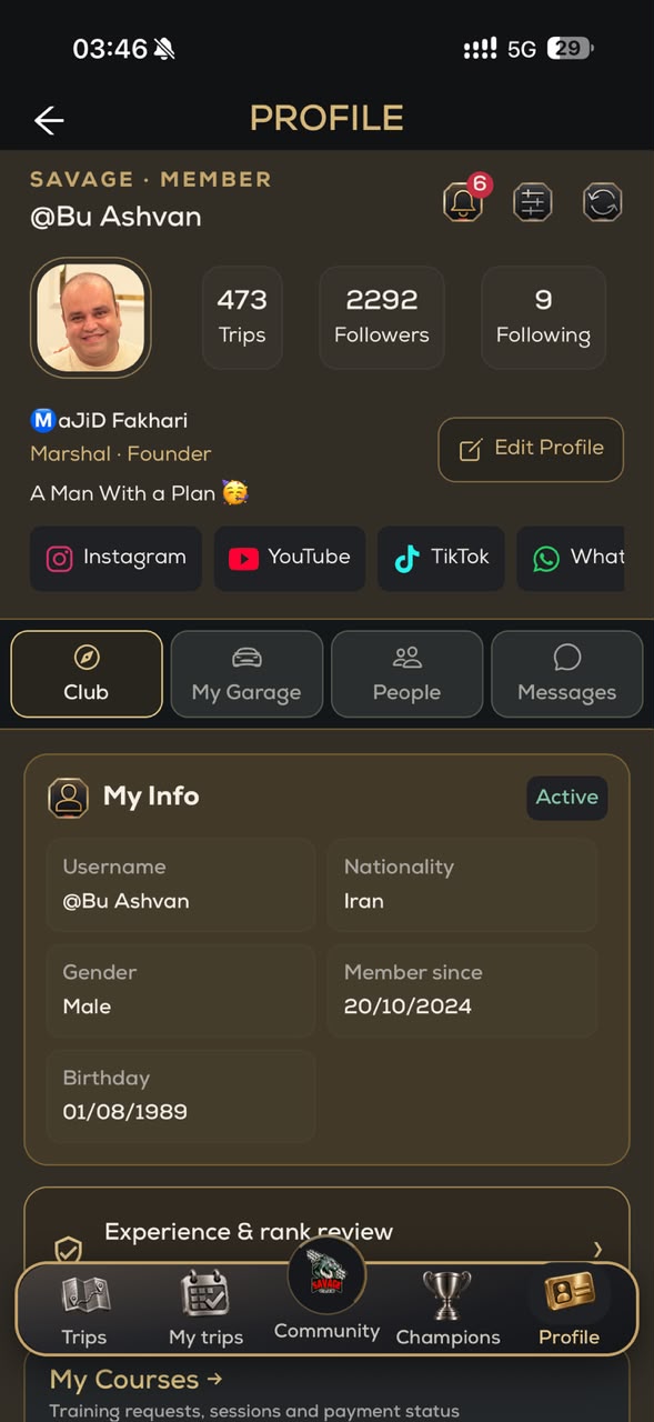 Real Savage Club founder profile with club activity, social links and garage navigation