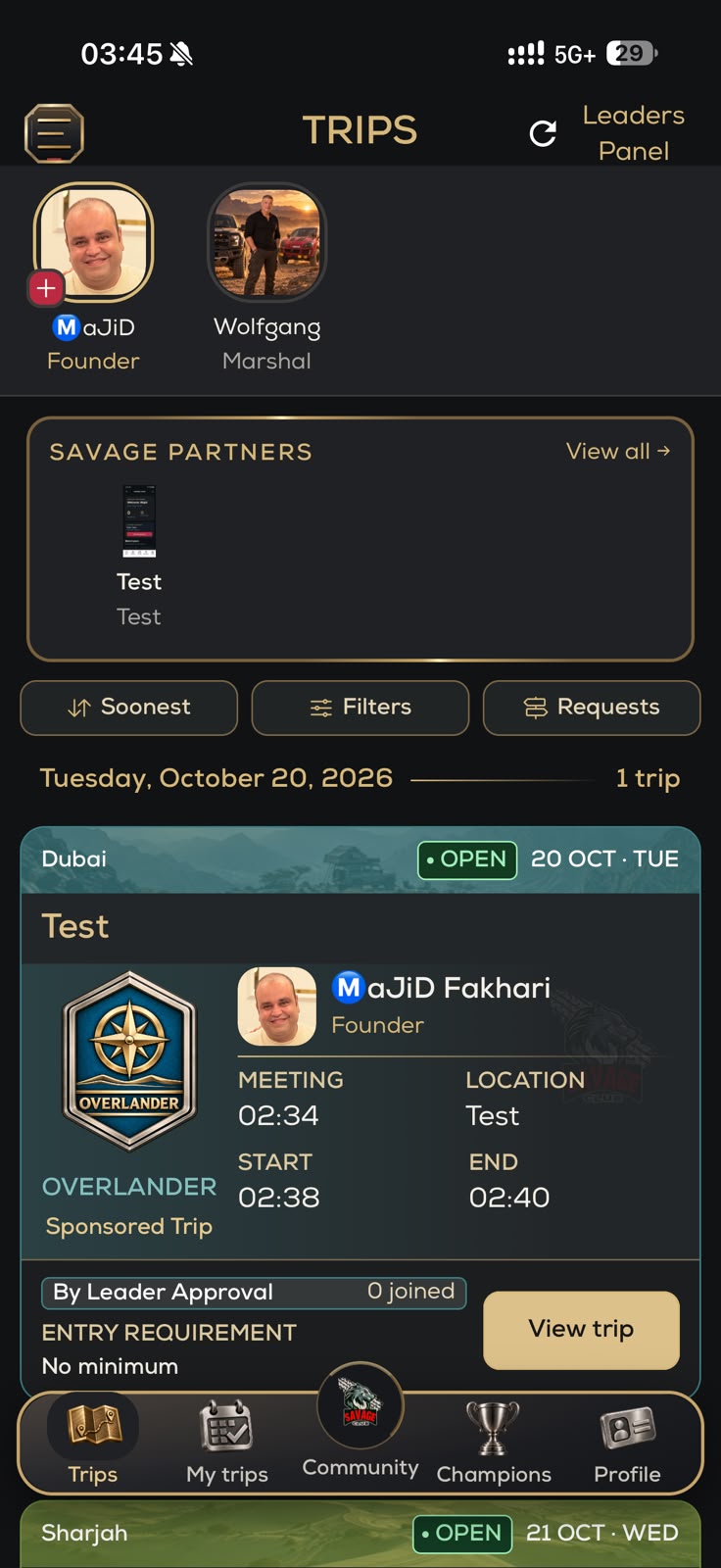 Real Savage Club Trips screen showing stories, partners, filters and a test trip card